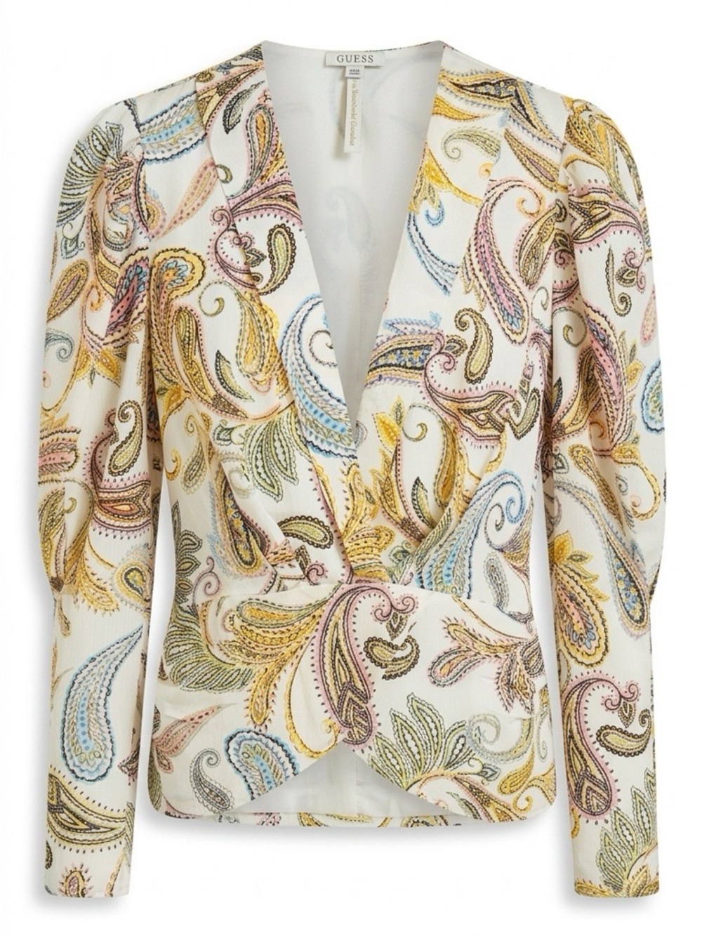 Guess Ivory Paisley Wrap-Style Blouse with Multicolor Accents